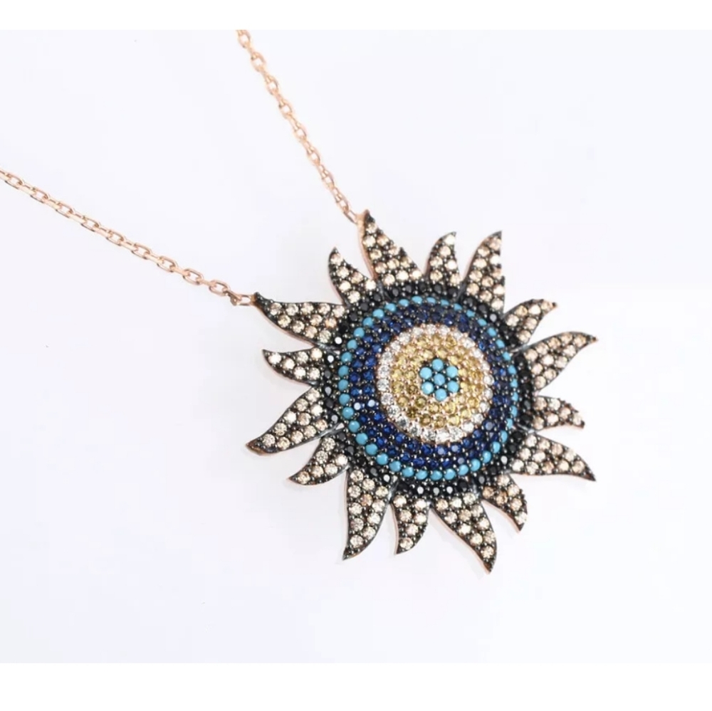 Evil eye sun burst gold necklace sapphire & topaz - Picture 4 of 4